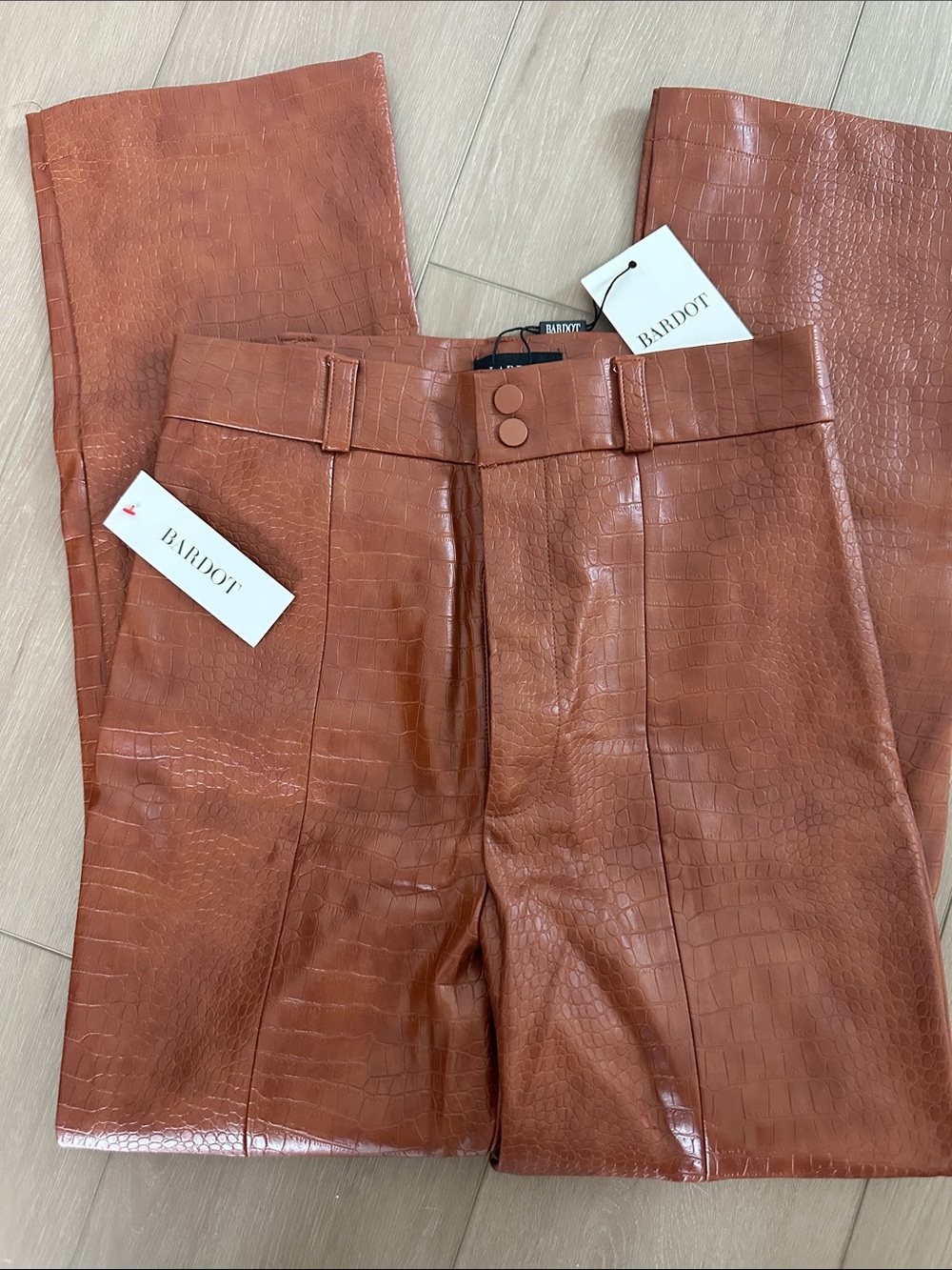 Bardot Women’s Croc-Embossed Leather Pants — Cognac